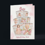 Cake Smash Photo Collage Girl First Birthday Card<br><div class="desc">This unique card is perfect for any little girl celebrating her first birthday. It includes 7 photos in a cake shape design that everyone will love!
The design has whimsical typography and a cute pink watercolor background. The message inside is fully customisable.</div>