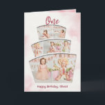 Cake Smash Photo Collage Girl First Birthday Card<br><div class="desc">This unique card is perfect for any little girl celebrating her first birthday. It includes 7 photos in a cake shape design that everyone will love!
The design has whimsical typography and a cute pink watercolor background. The message inside is fully customisable.</div>