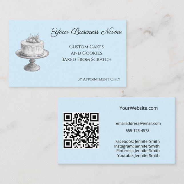 Cake Stand Elegant Bakery Blue Custom QR Code Business Card (Front/Back)