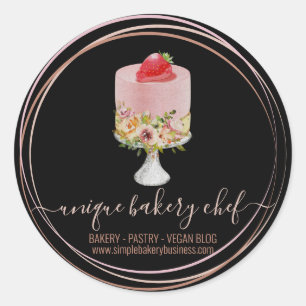Cake strawberry bakery chef pink black classic round sticker
