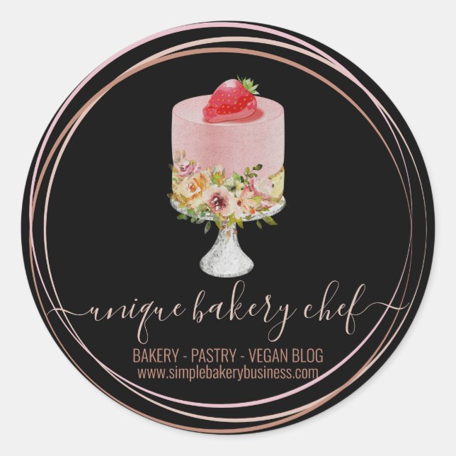 Cake strawberry bakery chef pink black classic round sticker (Front)