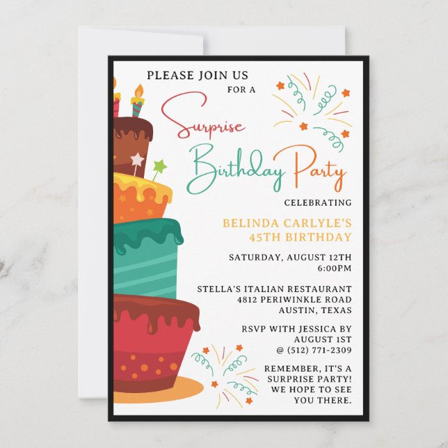 Cake Tower Surprise Birthday Party Invite (Front)
