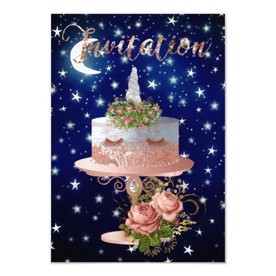 Cake Unicorn Rose Gold Blue Navy Starry Night Card