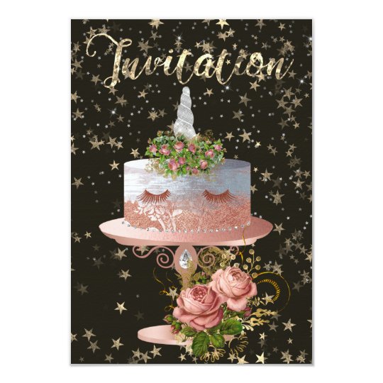 Cake Unicorn Rose Gold Confetti Stars Gold Night Card