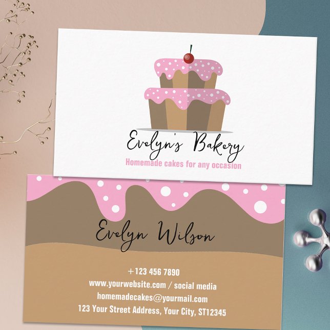 Cake With Pink Frosting Cherry Homemade Bakery  Business Card (Creator Uploaded)