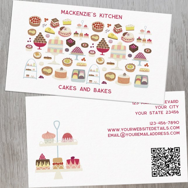 Cakes Baking Catering QR Code Business Card (Cakes and bakes catering food restaurant bakery cafe QR code custom business cards)