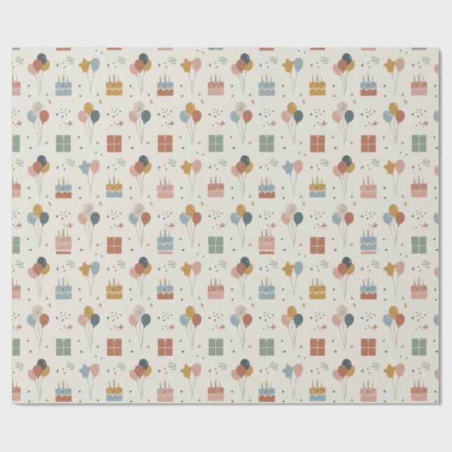 Cakes, Balloons & Confetti Scandi Birthday Wrapping Paper (Flat)