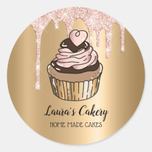 Cakes & Sweets Cupcake Home Bakery Dripping Gold Classic Round Sticker