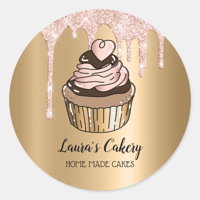 Cakes & Sweets Cupcake Home Bakery Dripping Gold Classic Round Sticker (Front)