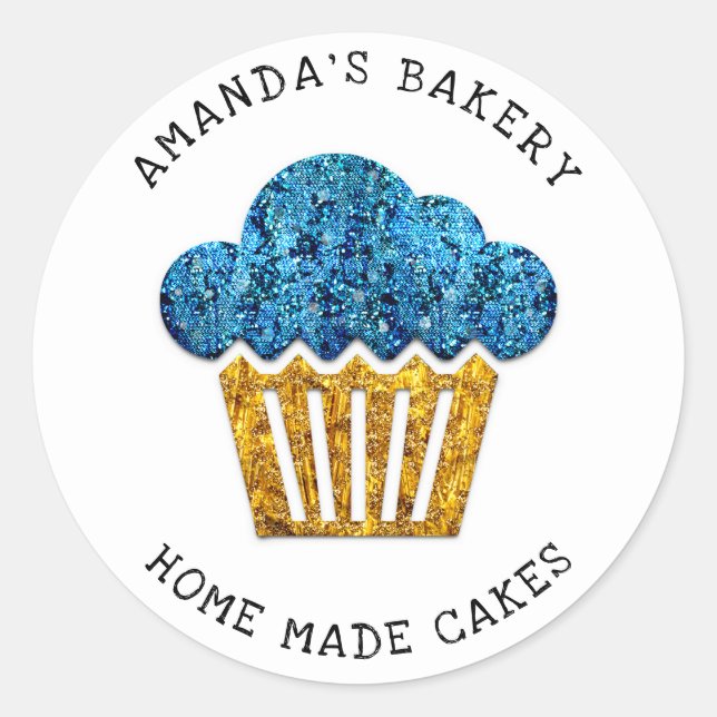 Cakes Sweets Cupcake Home Vegan Bakery Gold Blue   Classic Round Sticker (Front)
