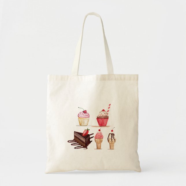 Cakes Watercolor Bakery Sweets Cupcakes Pastry Tote Bag (Front)