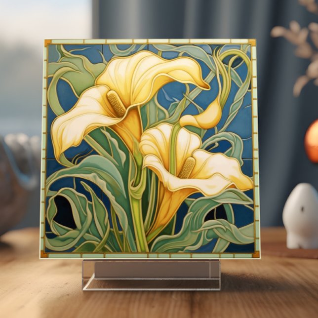 Cala Lily   Ceramic Tile (A ceramic tile showing two Cala Lillies is shown in a display stand)