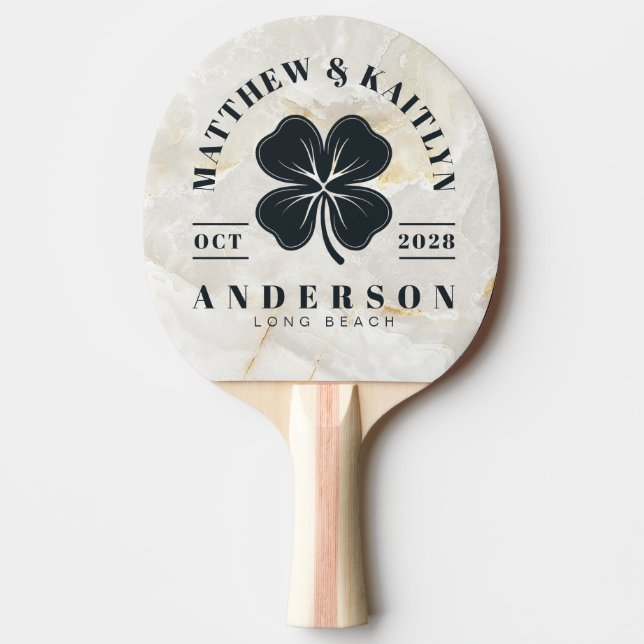 Calacatta Gold Irish Lucky Clover Wedding Crest Ping Pong Paddle (Front)