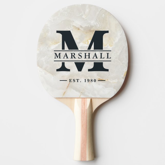 Calacatta Gold Marble Monogram & Name Overlay Ping Pong Paddle (Front)
