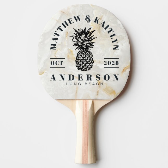 Calacatta Gold Tropical Pineapple Wedding Crest Ping Pong Paddle (Front)