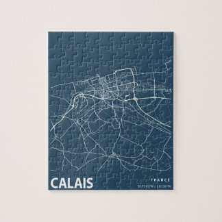 Calais France Minimalist City Map Line Art in Blue Jigsaw Puzzle
