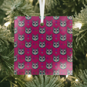 Calavera Cat Art Pattern Glass Tree Decoration