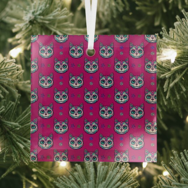 Calavera Cat Art Pattern Glass Tree Decoration (Insitu)