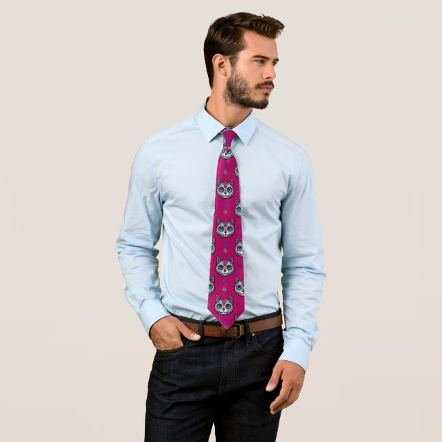 Calavera Cat Art Pattern Tie (In Situ)