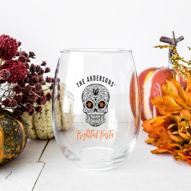 Calavera Skull Personalised Halloween Stemless Wine Glass (Creator Uploaded)