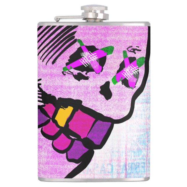 Calavera Skull pGeek NFT Art Pink Purple Hip Flask (Front)