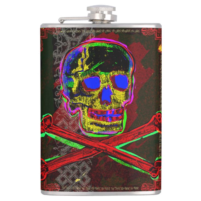 Calavera Skull pGeek NFT Art Red Black Blue Hip Flask (Front)