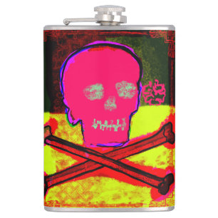 Calavera Skull pgeek NFT Art Red Black Yellow Hip Flask