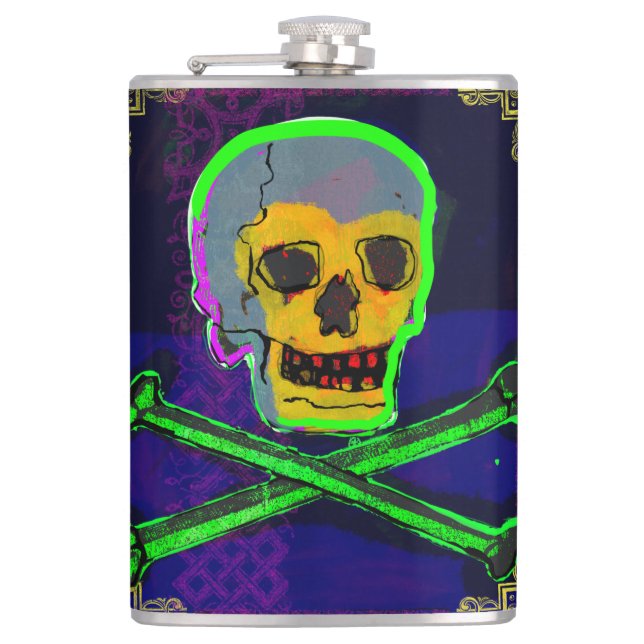 Calavera Skull pGeek NFT Art White Gold Green Blue Hip Flask (Front)