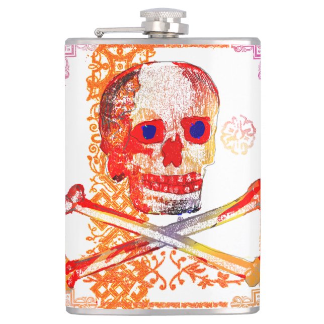 Calavera Skull pGeek NFT Art White Orange Blue Eye Hip Flask (Front)