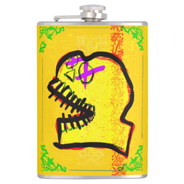 Calavera Skull pGeek NFT Art Yellow Black Purple Hip Flask (Front)
