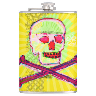 Calavera Skull pgeek NFT Art Yellow Green red Hip Flask