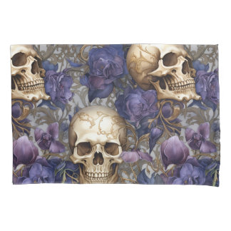Calaveras and Rosas Moradas - Elegant Gothic Art Pillowcase