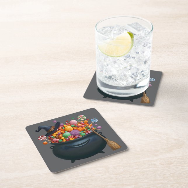 Caldron Of Giggle & Gummies Square Paper Coaster (Insitu)
