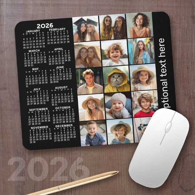 Calendar - 15 photo collage black mouse pad (2026 Calendar with a Photo Collage on a Mousepad)
