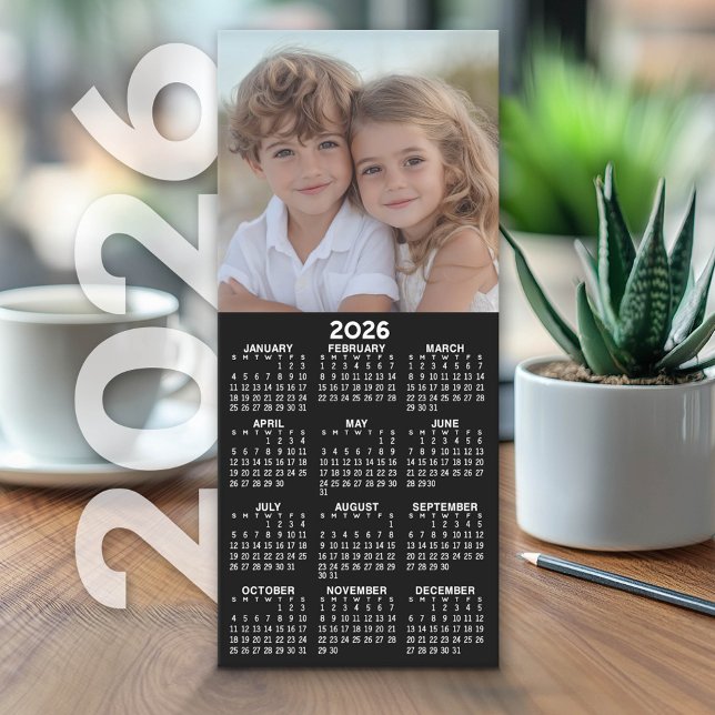 Calendar 1 Photo Collage - Can Edit Black - Card (2026 Calendar on Cardstock - Simple, Minimal Design and Photo Collage)