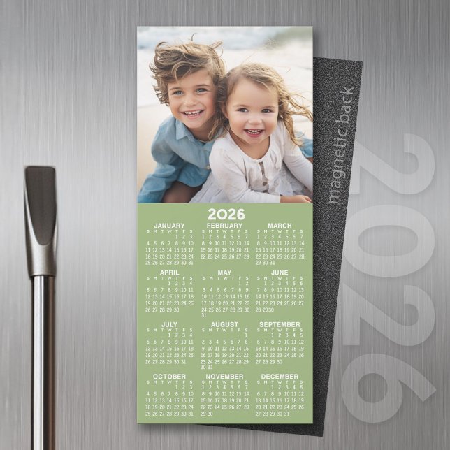 Calendar 1 Photo Collage - Can Edit Sage Green (2026 Calendar Magnet for the Fridge or Home Office - Add a Photo for a Personal Touch)