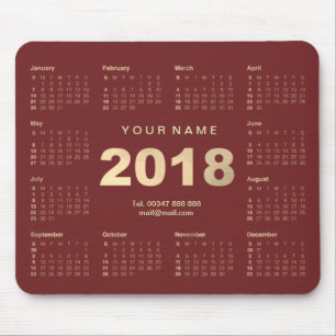Calendar 2018 Burgundy Gold Name Contact Web Numer Mouse Pad