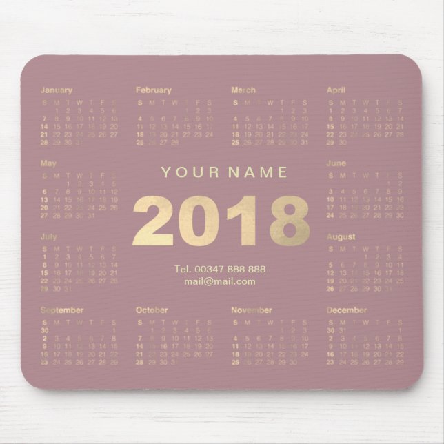 Calendar 2018 Mauve Pink Gold Name Contact Numer Mouse Pad (Front)