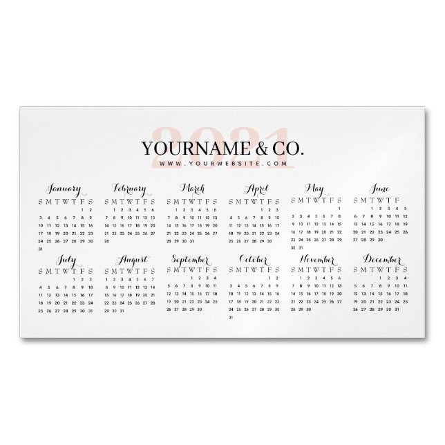 Calendar 2021 Business Name Blush Pink White Magnetic Business Card (Front)