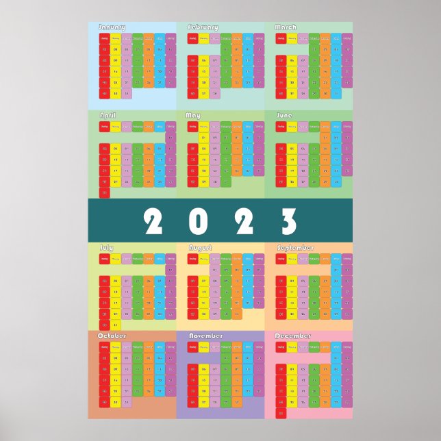 calendar 2023 colour days week month poster (Front)