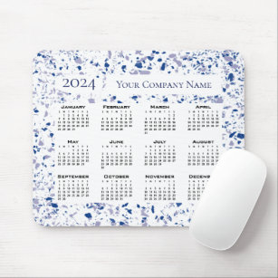 Calendar 2024 Blue White Grey Terrazzo Custom Mouse Pad