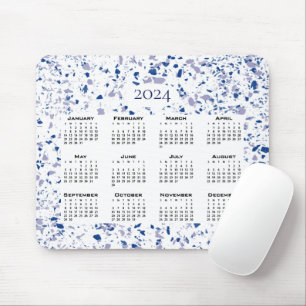 Calendar 2024 Blue White Grey Terrazzo Modern Mouse Pad