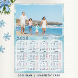 Calendar 2025 in Spanish Family Photo Magnet Blue<br><div class="desc">This modern blue 2025 magnetic calendar in Spanish has Mondays as the first days of the week. It's easy to personalise and customise with your family name and own photo to create practical gifts for your loved ones. Months are in script font while Saturdays and Sundays are in red. Click...</div>