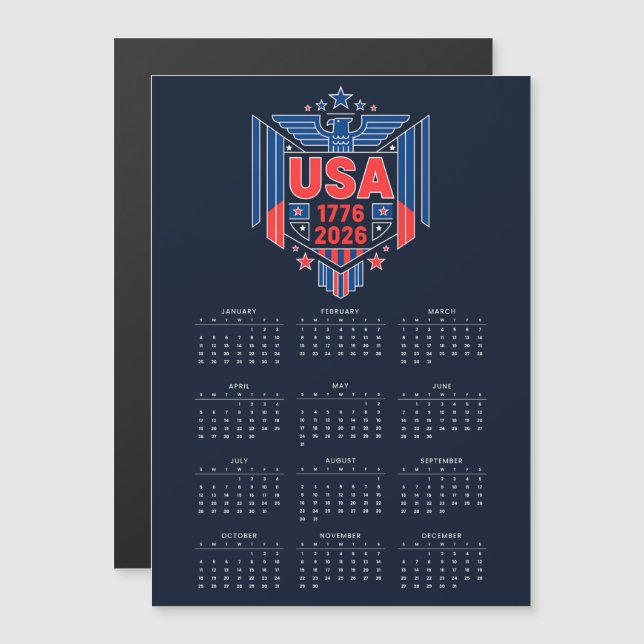 Calendar 2026 (1776-2026 USA)  Magnetic Card (Front/Back)