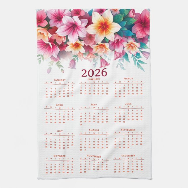 Calendar 2026 with flowers tea towel (Vertical)