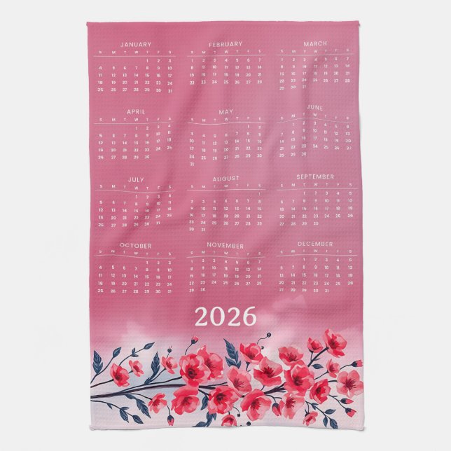 Calendar 2026 with flowers tea towel (Vertical)