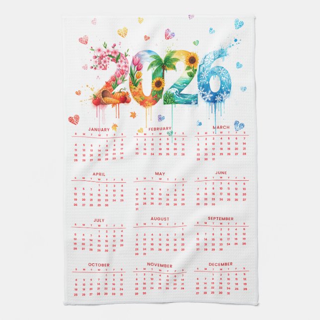 Calendar 2026 with four season tea towel (Vertical)