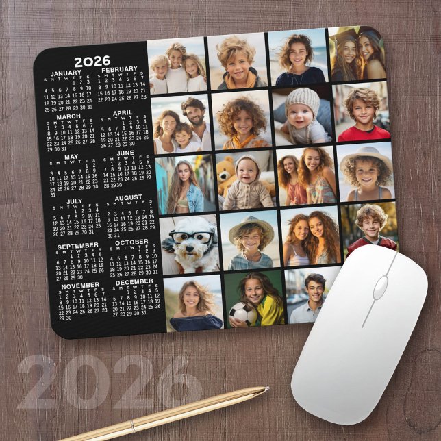 Calendar - 20 photo collage black mouse pad (2026 Calendar with a Photo Collage on a Mousepad)