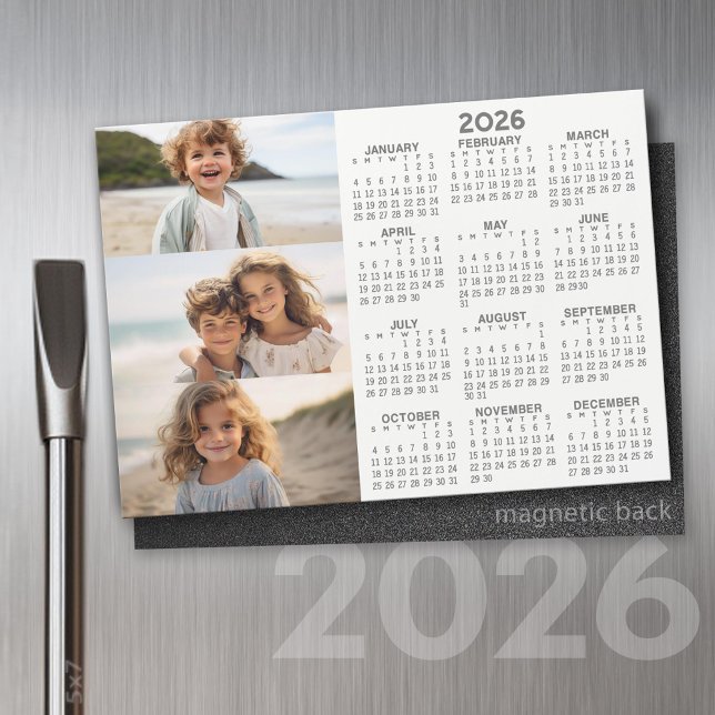 Calendar - 3 Photos - Basic Grey White Magnet (2026 Calendar on a Refrigerator Magnet with a Photo Collage)