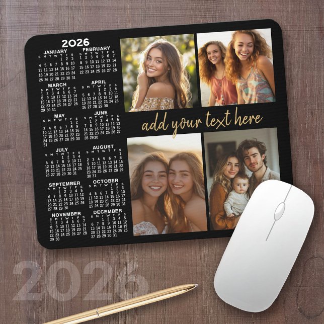 Calendar - 4 photo collage modern script text mouse pad (2026 Calendar with a Photo Collage on a Mousepad)